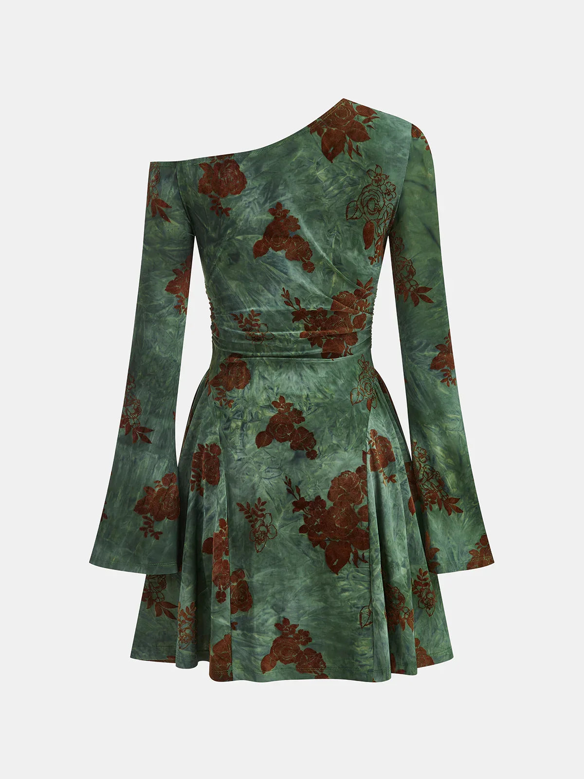 Flocked Floral Print One-Shoulder Mini Dress
