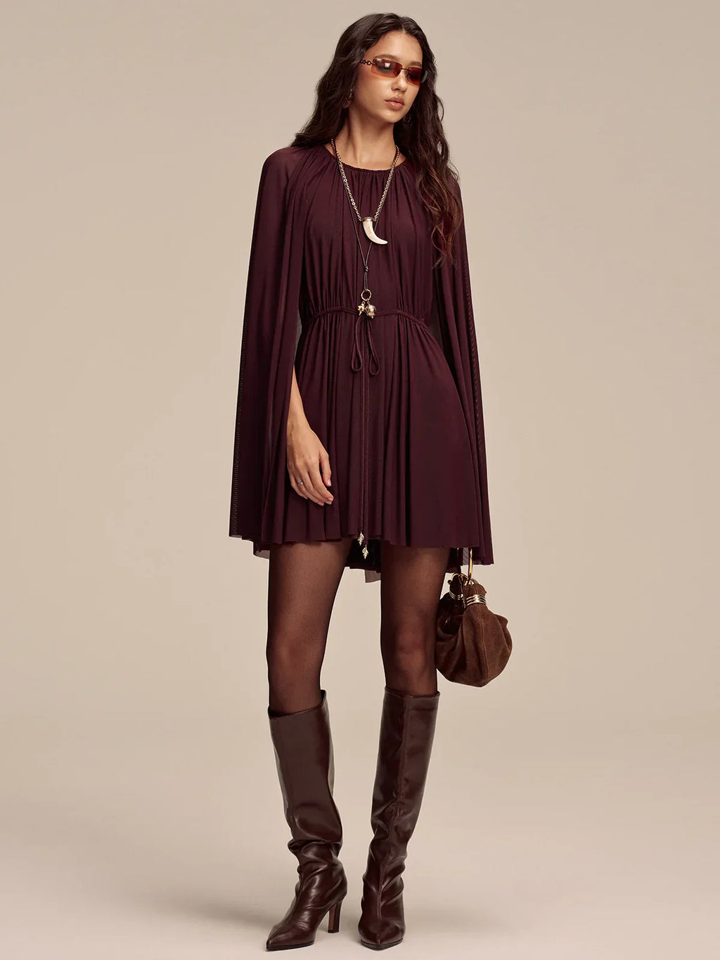 Mesh Cape Sleeve Tie-Waist Mini Dress