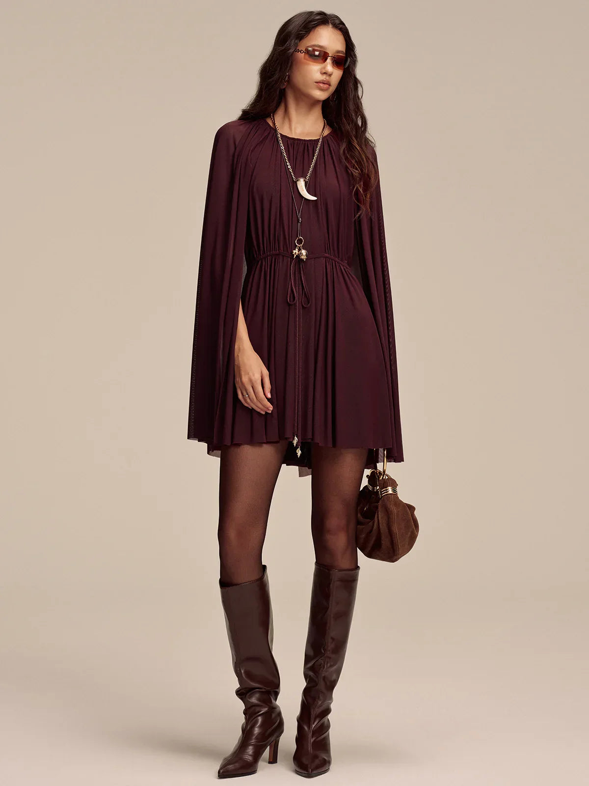 Mesh Cape Sleeve Tie-Waist Mini Dress