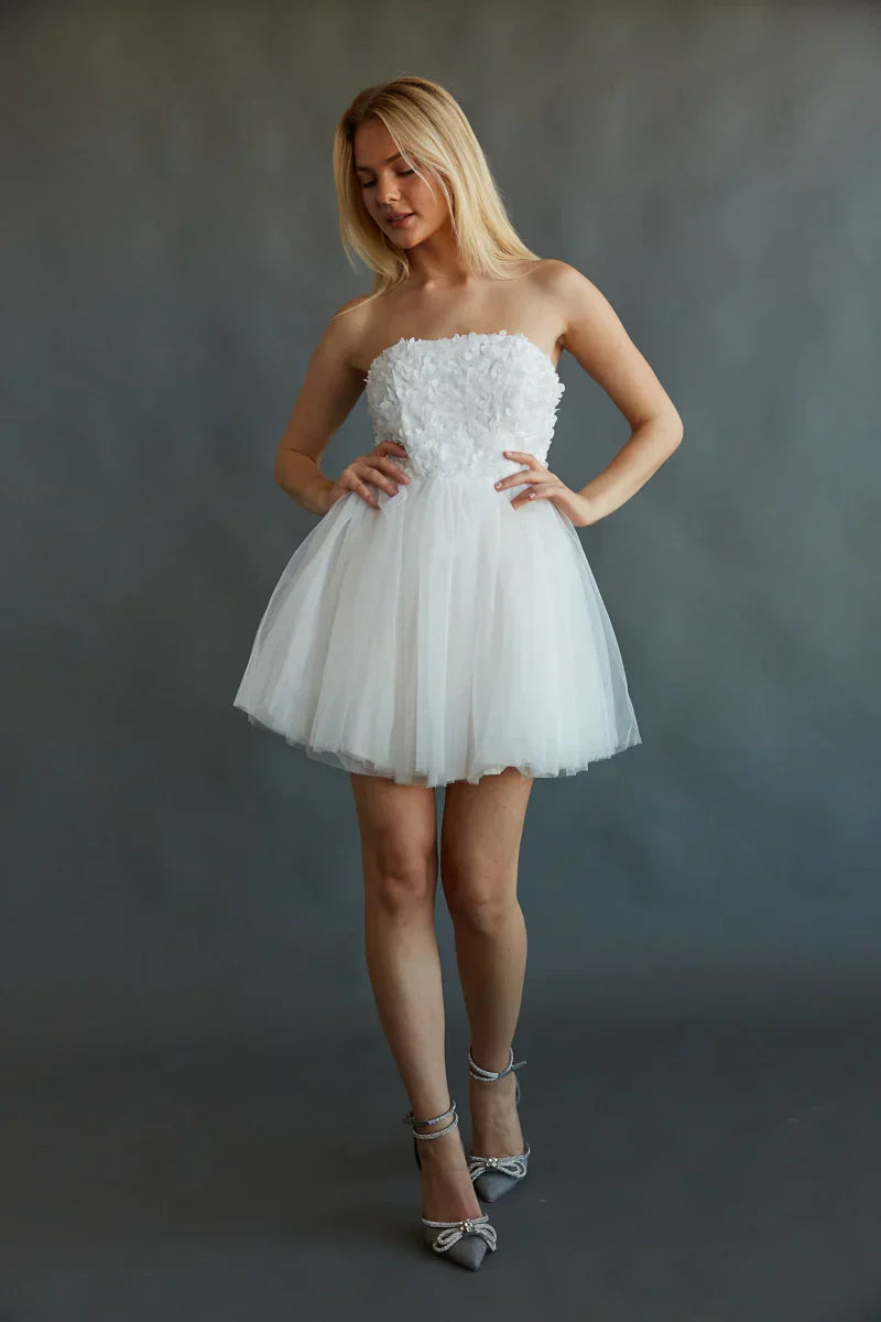 Grace Strapless Floral Applique Tulle Babydoll Mini Dress