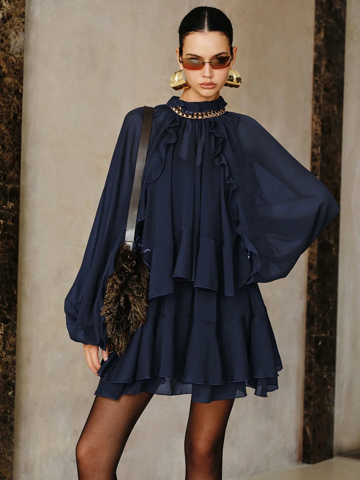 Tiered Ruffle Chiffon Mini Dress Set with Liner