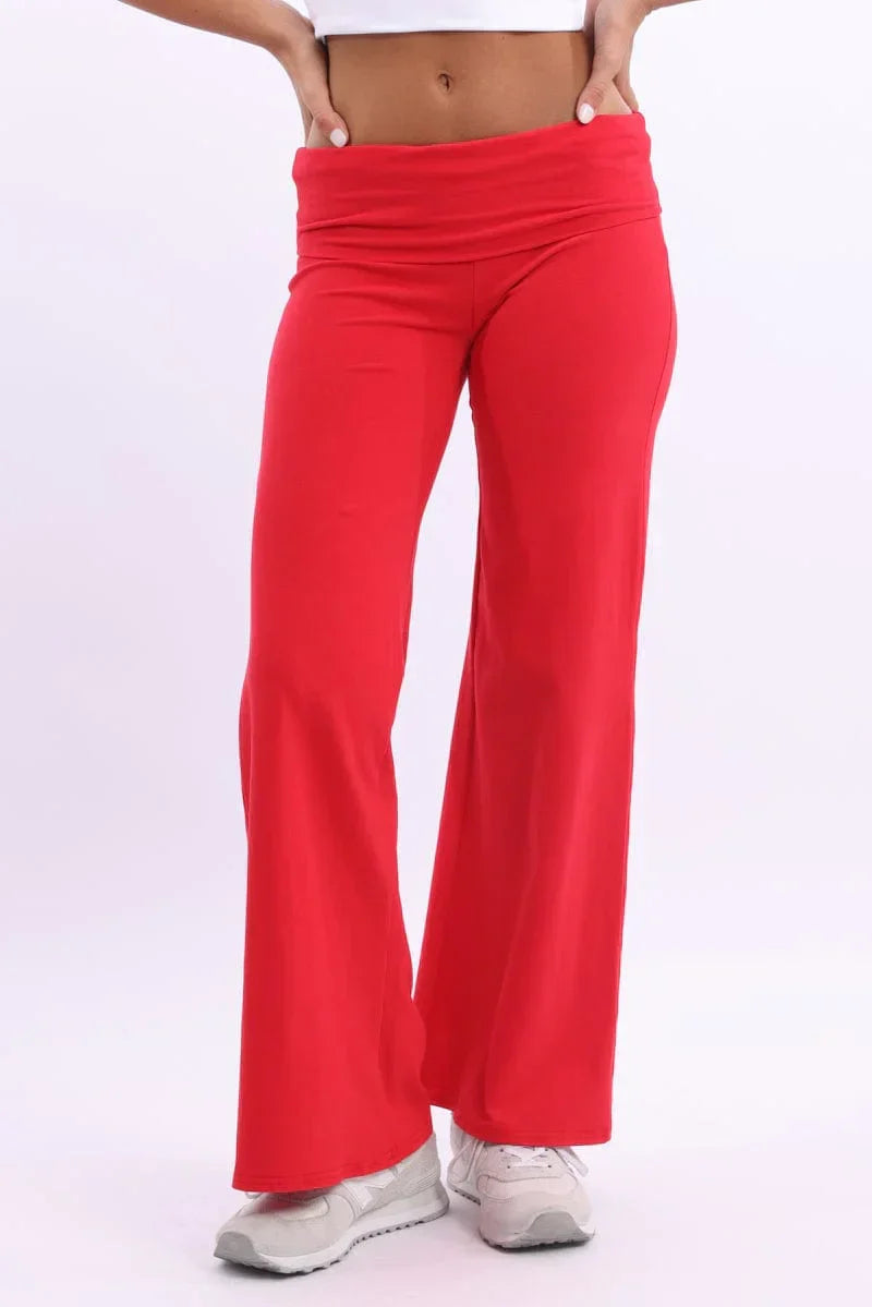 Red Wide Leg Pants Folded Waist Jersey