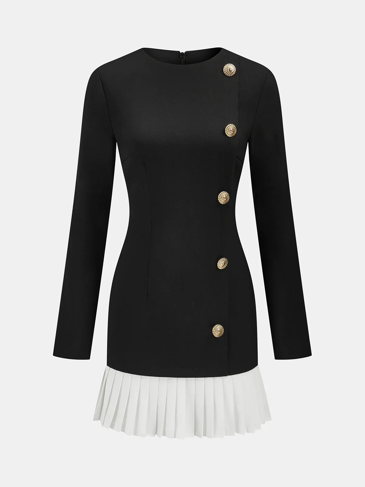 Pleated Hem Panel Asymmetric Metal Detail Mini Dress