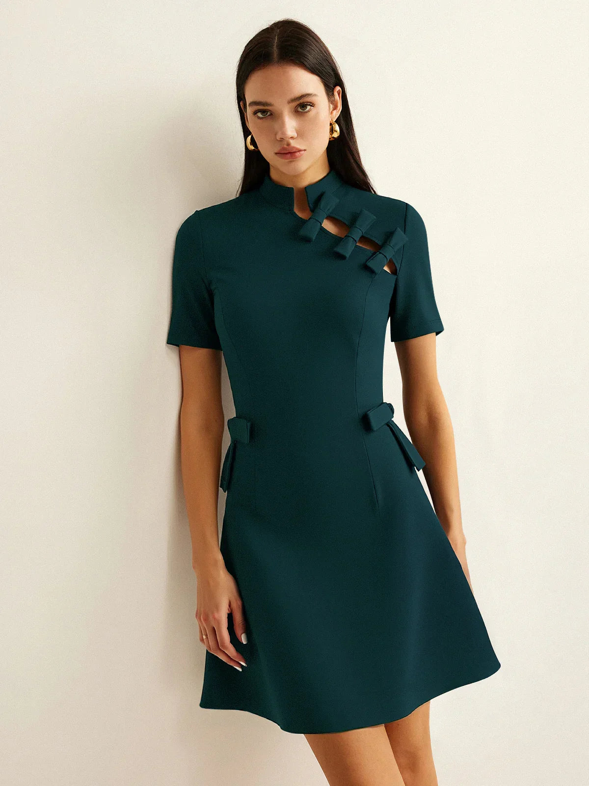 Bow Cut-Out Stand Collar Short Sleeve Dress