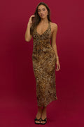 Brown Animal Print Slip Skirt High Rise Midi Picot Trim
