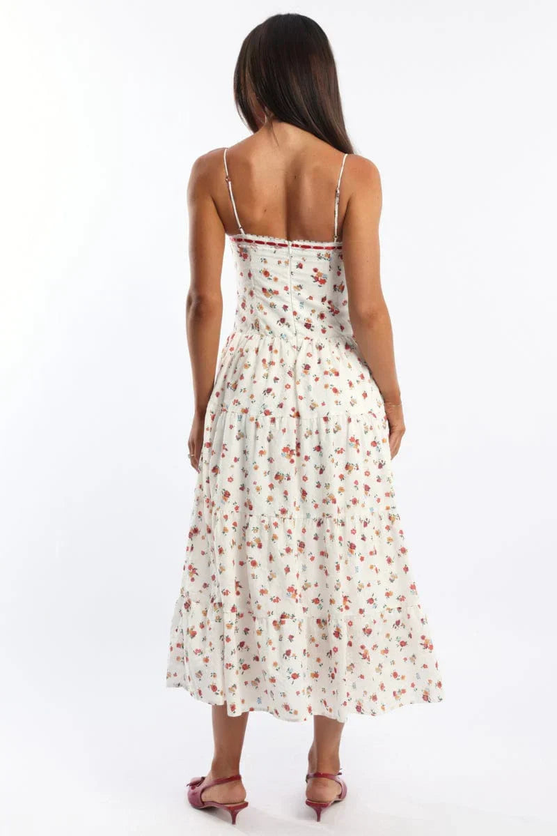 White Floral Maxi Dress Satin Tape Detail