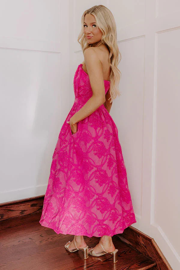 Night At The Gala Jacquard Midi in Hot Pink