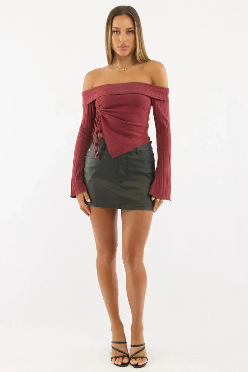 Red Off Shoulder Top Long Sleeve Ruched