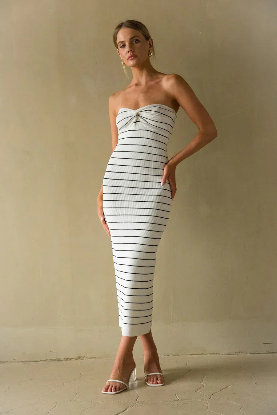 Jaclyn Strapless Twist Front Knit Midi Dress