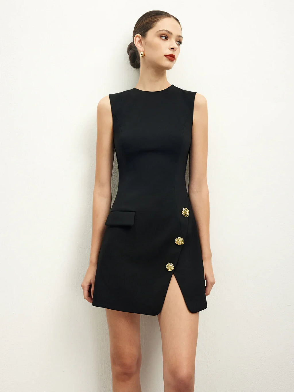 Golden Rose Button Pocket Split Dress