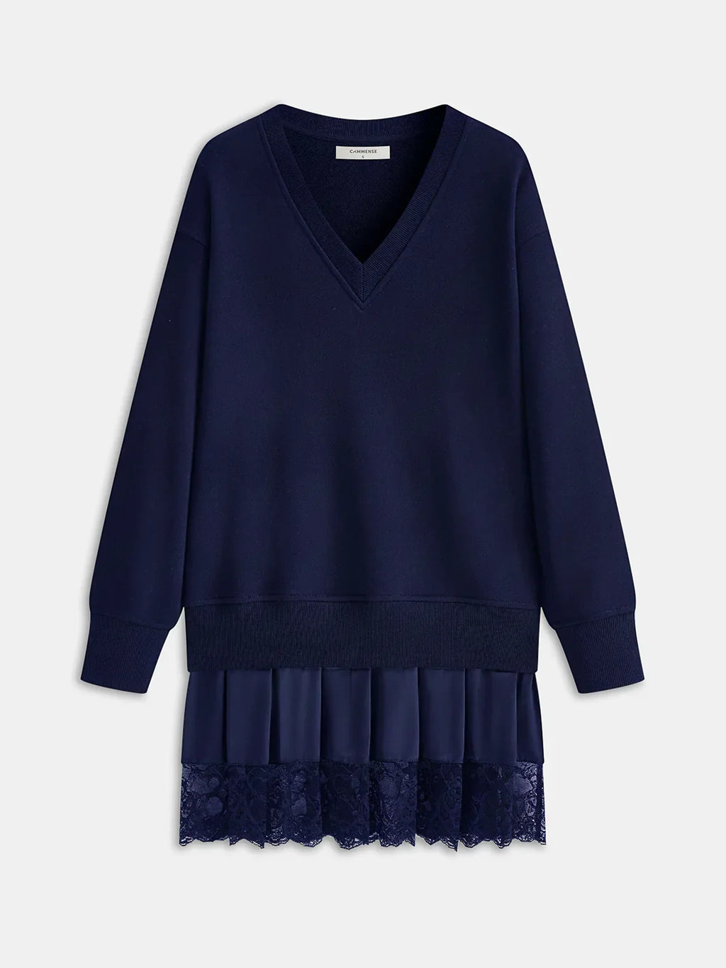 Pleated Hem Lace-Trimmed Sweatshirt Dress