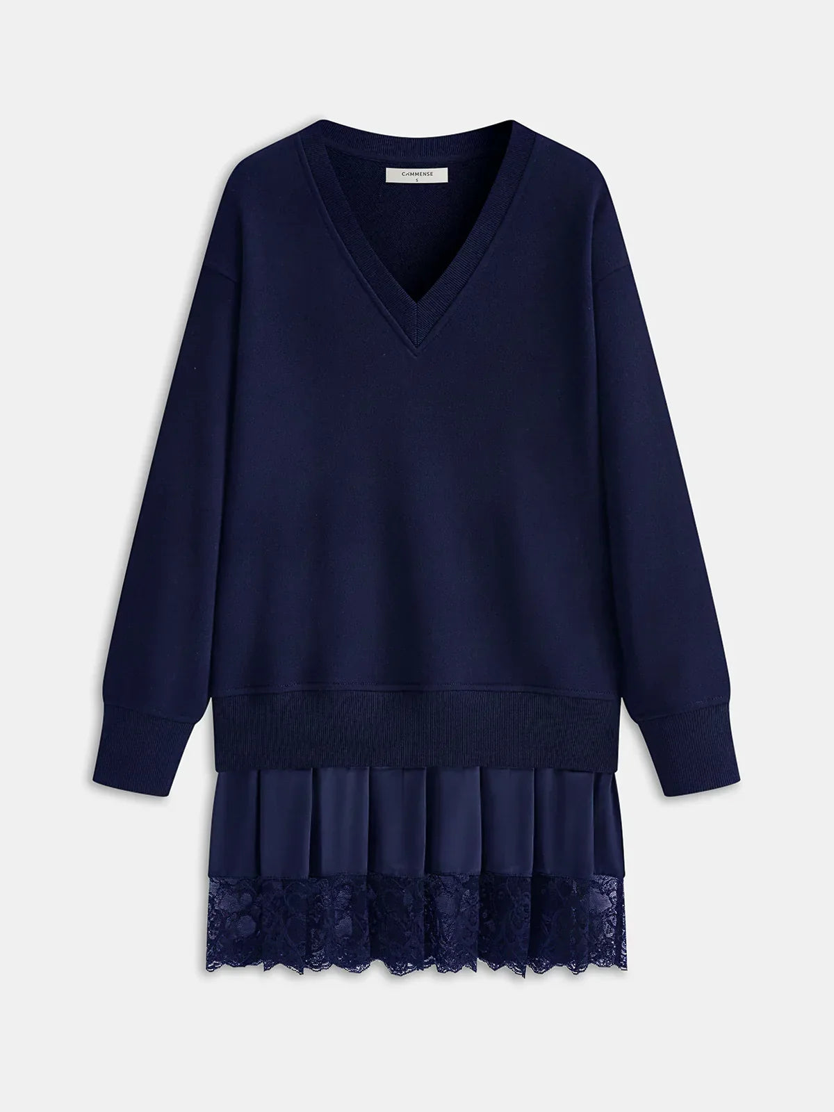 Pleated Hem Lace-Trimmed Sweatshirt Dress