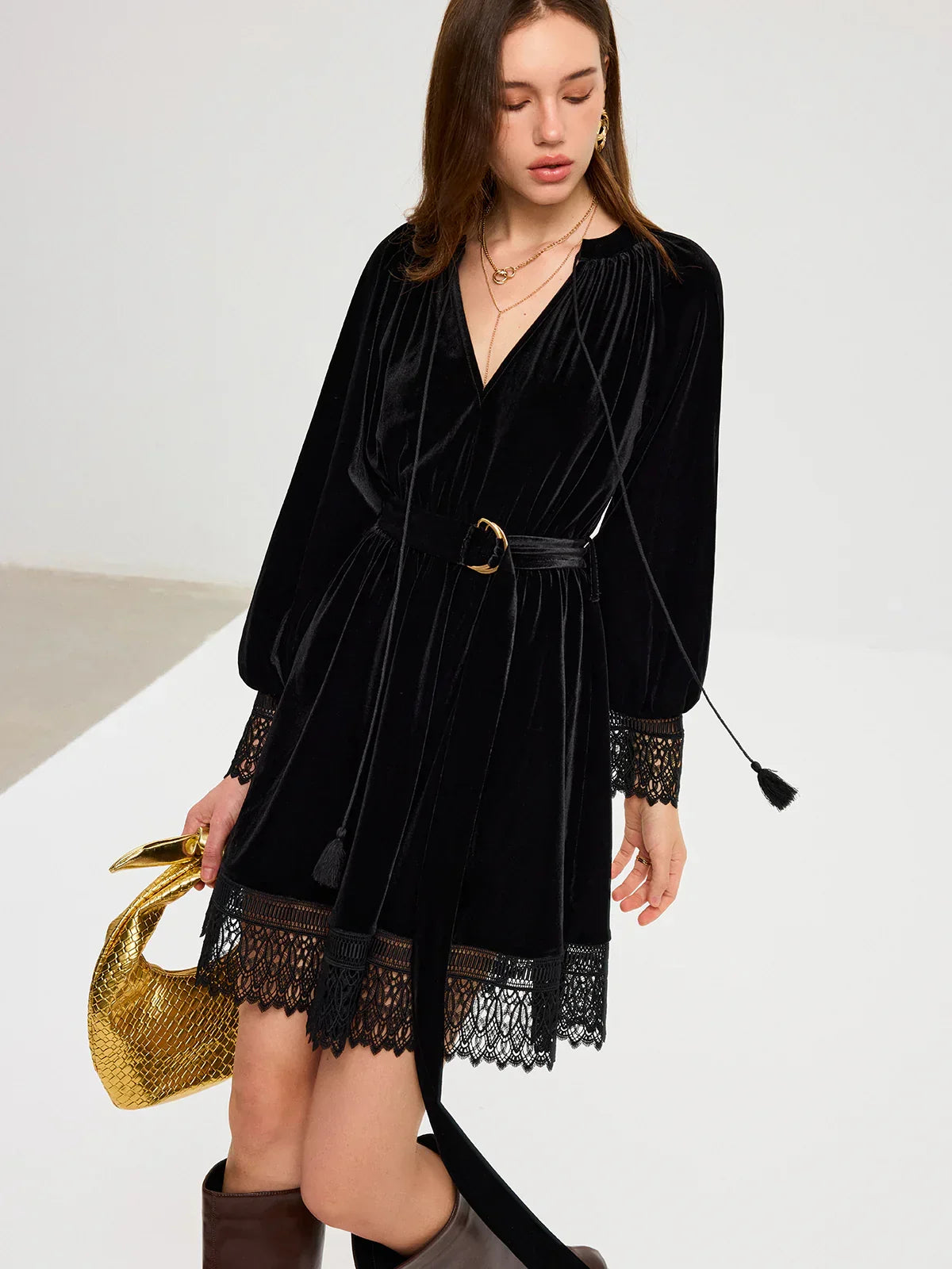 Velvet Belted Lace Trim Mini Dress