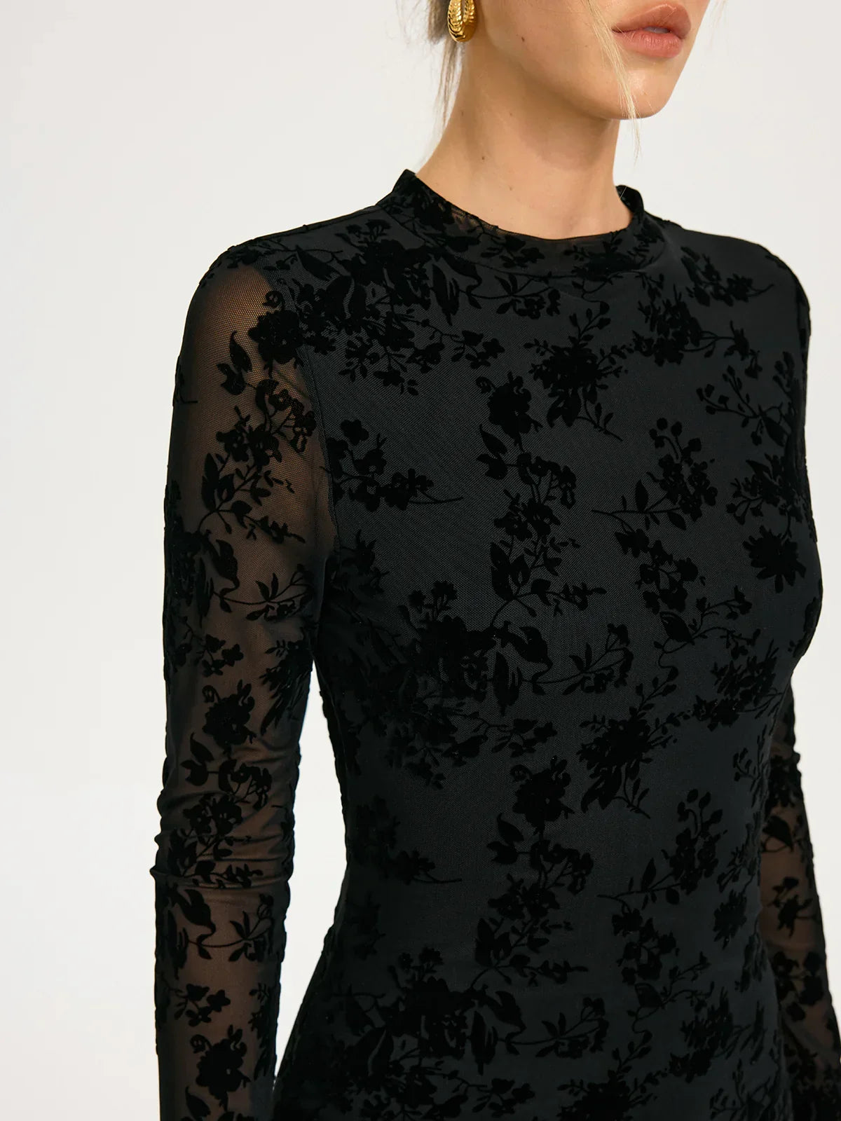 Flocked Floral Mesh Backless Mini Dress