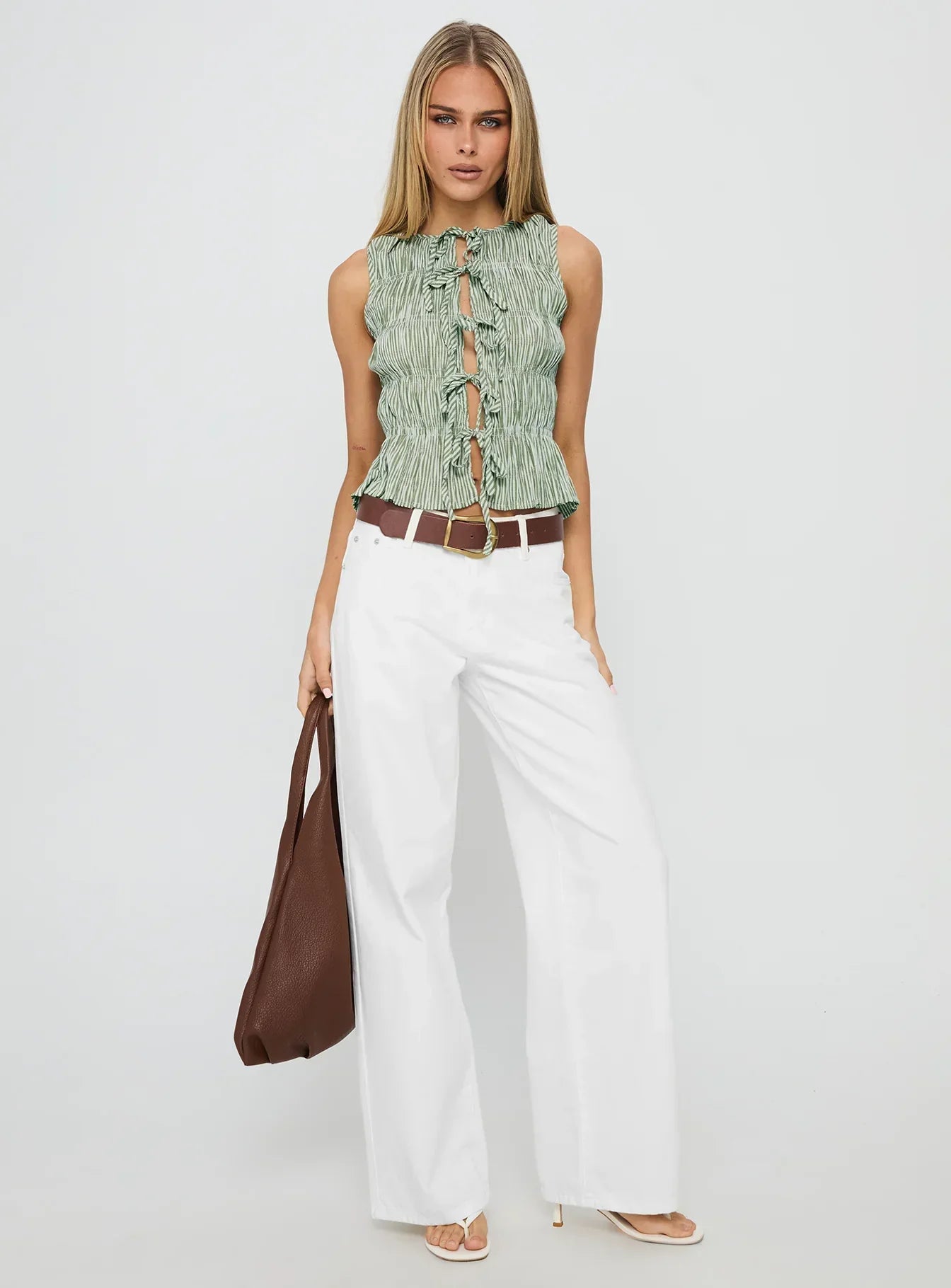 Apero Shirred Tie Front Top Green / White Stripe
