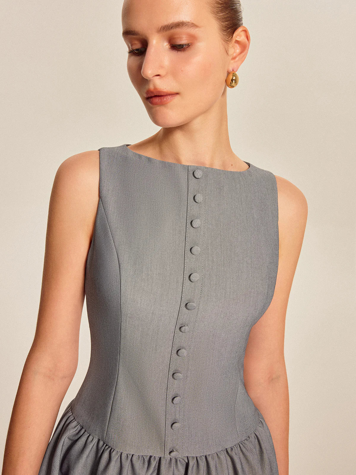 Button Front Pleated Sleeveless Dress
